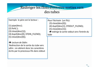 Exemple le père est le lecteur :
(1) pipe(desc);
(2) fork( );
(3) close(desc[1]);
(4) dup2(desc[0], STDIN_FILENO);
Pour l’écrivain (un fils):
(3) close(desc[0]);
(4) dup2(desc[1], STDOUT_FILENO);
(5) close(desc[1]);
 redirige la sortie stdout vers l’entrée du
tube
Rediriger les flots d’entrées-sorties vers
des tubes
24
24
(4) dup2(desc[0], STDIN_FILENO);
(5) close(desc[0]);
 Lecture de Stdin:
Redirection de la sortie du tube vers
sdtin : on obtient donc les caractères
écrits par le processus-fils dans stdout
tube
24
 