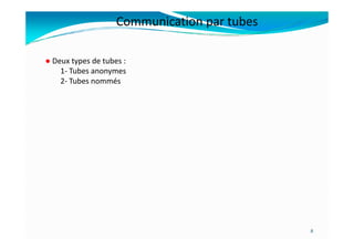 ● Deux types de tubes :
1- Tubes anonymes
2- Tubes nommés
Communication par tubes
8
 