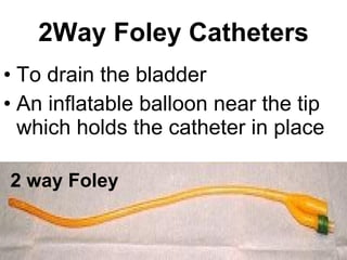 2Way Foley Catheters To drain the bladder An inflatable balloon near the tip which holds the catheter in place   2  way Foley   