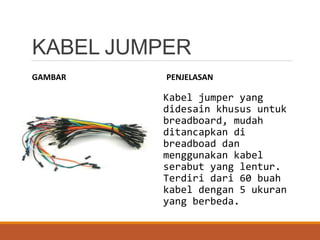 KABEL JUMPER
GAMBAR PENJELASAN
Kabel jumper yang
didesain khusus untuk
breadboard, mudah
ditancapkan di
breadboad dan
menggunakan kabel
serabut yang lentur.
Terdiri dari 60 buah
kabel dengan 5 ukuran
yang berbeda.
 
