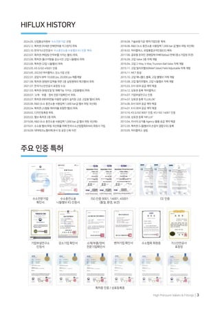 High Pressure Valves & Fittings | 3
HIFLUX HISTORY
주요 인증 특허
2024.05. 산업통상자원부 '수소전문기업' 선정
2023.12. 특허권 (미세관 전해연마용 지그장치) 취득
2023.10. 한국가스안전공사 '수소충전소용 수동밸브 KS 인증' 획득
2023.07. 특허권 (백업링 안착부를 가지는 볼트) 취득
2023.06. 특허권 (출구저항을 감소시킨 고압 니들밸브) 취득
2023.06. 특허권 (고압 니들밸브) 취득
2023.05. KS Q ISO 45001 인증
2023.05. 2023년 하이플럭스 강소기업 선정
2022.01. 공압식 BPR 10,000 psi, 20,000 psi 제품개발
2021.08. 특허권 (광범위 압력을 위한 2중 실링형태의 체크밸브) 취득
2021.07. 한국가스안전공사 표창장 수상
2021.03. 특허권 (유량조절 및 개폐기능 가지는 고압용밸브) 취득
2020.07. '소재ㆍ부품ㆍ장비 전문기업확인서' 취득
2020.07. 특허권 (테이퍼면을 이용한 실링이 설치된 고온 고압용 밸브) 취득
2020.06. R&D (수소 충전소용 사용압력 1,000 bar급 밸브 피팅 국산화)
2020.04. 특허권 (스템용 캐리어를 포함한 밸브) 취득
2020.02. 디자인등록증 취득
2020.02. 밸브 특허권 2종 취득
2019.06. R&D (수소 충전소용 사용압력 1,000 bar 급 밸브 피팅 국산화)
2019.01. 수소용 밸브/피팅 국산화를 위해 한국수소산업협회(KHIA) 회원사 가입
2018.09. 대덕테크노밸리에 본사 및 공장 신축 이전
2018.08. 기술보증기금 '벤처기업인증' 획득
2018.06. R&D (수소 충전소용 사용압력 1,000 bar 급 밸브 피팅 국산화)
2018.02. 하이플럭스, 유럽통합규격인증(CE) 획득
2017.06. 글로벌 온라인 경매업체 이베이(ebay) 판매 (중소기업청 주관)
2016.09. 고압 Valve 3종 자체 개발
2016.04. 고압 2-Way 3-Way Trunnion Ball Valve 자체 개발
2015.11. 고압 릴리프밸브(Relief Valve) Field Adjustable 자체 개발
2015.11. MCT 증설
2015.10. 고압 매니폴드 블록, 고압 볼밸브 자체 개발
2015.08. 고압 릴리프밸브, 고압 니들밸브 자체 개발
2015.03. D사 OEM 공급 계약 체결
2014.12. 상표권 등록 '하이플럭스'
2014.07. 기업부설연구소 인증
2014.07. 상표권 등록 'FLUXLOK'
2014.06. B사 OEM 공급 계약 체결
2014.01. K사 OEM 공급 계약 체결
2013.10. KS Q ISO 9001 인증, KS I ISO 14001 인증
2013.08. 상표권 등록 'HIFLUX'
2013.04. 러시아,싱가폴 Agency 물품 공급 계약 체결
2012.05. 특허권 (니들밸브의 손잡이 결합구조) 등록
2010.05. 하이플럭스 설립
기업부설연구소
인정서
특허증 인증 / 상표등록증
강소기업 확인서 소재/부품/장비
전문기업확인서
벤처기업 확인서 수소협회 회원증 가스안전공사
표창장
ISO 인증 9001, 14001, 45001
(품질, 환경, 보건)
CE 인증
수소충전소용
니들밸브 KS 인증서
수소전문기업
확인서
 