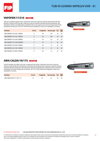21
FIP ARTICOLI TECNICI SRL
Le informazioni contenute in questo catalistino sono basate sulle nostre conoscenze ed esperienze attuali. Non possono comunque implicare una garan-
zia nè una responsabilità da parte nostra circa l’utilizzo dei nostri prodotti, non essendo le condizioni di impiego sotto il nostro controllo.
Salvo errori tipografici. É vietata la riproduzione anche parziale di questo catalistino.
I VALORI RIPORTATI SONO RIFERITI AD UNA TEMPERATURA DI +18°C
TUBI IN GOMMA IMPIEGHI VARI - 81
VAPOFER/17/210 Vapore
Tubo per mandata di vapore saturo. Sottostrato nero liscio in gomma sintetica resistente alle alte tem-
perature, inserzioni di fili d’acciaio, copertura in gomma sintetica resistente alle alte temperature, alle
intemperie, all’ozono ed all’abrasione. Superficie esterna nera oppure rossa, liscia ad impressione di tela.
Temperatura di esercizio -40+210°C. Altre dimensioni lunghezze e colori sono realizzabili su richiesta.
Descrizione P Es. Bar P Scoppio Bar Peso nom. kg/m
TUBO GVAPOFER/17/210 10X21 COP.ROSSA 17 170 0,53 60 120
TUBO GVAPOFER/17/210 19X32 COP.ROSSA 17 170 0,68 60 120
TUBO GVAPOFER/17/210 25X38 COP.ROSSA 17 170 0,9 60 120
TUBO GVAPOFER/17/210 32X46,5 COP.ROSSA 17 170 1,3 60 120
TUBO GVAPOFER/17/210 38X54 COP.ROSSA 17 170 1,6 60 120
TUBO GVAPOFER/17/210 51X67 COP.ROSSA 17 170 2,2 60 120
TUBO GVAPOFER/17/210 60X78 COP.ROSSA 17 170 3,5 60 120
ARIA CALDA/10/175 Aria Calda
Tubo di mandata aria calda e secca per i compressori dei camion. Sottostrato nero liscio in gomma
sintetica resistente alle alte temperature, inserzioni tessili ad alta tenacità, copertura in gomma sintetica
resistente alle alte temperature, alle intemperie, all’ozono ed all’abrasione. Superficie esterna nera liscia
ad impressione di tela. Temperatura di esercizio -40+175°C. Altre dimensioni lunghezze e colori sono
realizzabili su richiesta.
Descrizione P Es. Bar P Scoppio Bar Peso nom. kg/m
TUBO G ARIA CALDA/10/175 76X 94 TD 10 30 2,6 40 120
 