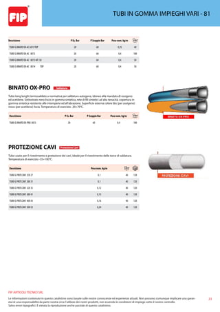 23
FIP ARTICOLI TECNICI SRL
Le informazioni contenute in questo catalistino sono basate sulle nostre conoscenze ed esperienze attuali. Non possono comunque implicare una garan-
zia nè una responsabilità da parte nostra circa l’utilizzo dei nostri prodotti, non essendo le condizioni di impiego sotto il nostro controllo.
Salvo errori tipografici. É vietata la riproduzione anche parziale di questo catalistino.
TUBI IN GOMMA IMPIEGHI VARI - 81
Descrizione P Es. Bar P Scoppio Bar Peso nom. kg/m
TUBO G BINATO OX-AC 6X13TOP 20 60 0,25 40
TUBO G BINATO OX-AC 8X15 20 60 0,4 100
TUBO G BINATO OX-AC 8X15 MT. 50 20 60 0,4 50
TUBO G BINATO OX-AC 8X14 TOP 20 60 0,4 50
BINATO OX-PRO Saldatura
Tubo long lenght termosaldato a normativa per saldatura autogena, idoneo alla mandata di ossigeno
ed acetilene. Sottostrato nero liscio in gomma sintetica, rete di fili sintetici ad alta tenacità, copertura in
gomma sintetica resistente alle intemperie ed all’abrasione. Superficie esterna colore blu (per ossigeno)
rosso (per acetilene) liscia. Temperatura di esercizio -20+70°C.
Descrizione P Es. Bar P Scoppio Bar Peso nom. kg/m
TUBO G BINATO OX-PRO 8X15 20 60 0,4 100
PROTEZIONE CAVI Protezione Cavi
Tubo usato per il rivestimento e protezione dei cavi, ideale per il rivestimento delle torce di saldatura.
Temperatura di esercizio -35+100°C.
Descrizione Peso nom. kg/m
TUBO G PROT.CAVI 25X 27 0,1 40 120
TUBO G PROT.CAVI 28X 31 0,1 40 120
TUBO G PROT.CAVI 32X 35 0,12 40 120
TUBO G PROT.CAVI 38X 41 0,15 40 120
TUBO G PROT.CAVI 40X 43 0,16 40 120
TUBO G PROT.CAVI 50X 53 0,24 40 120
 