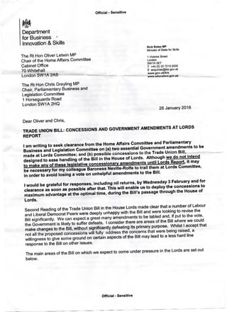 Leaked BIS letter on Trade Union Bill concessions
