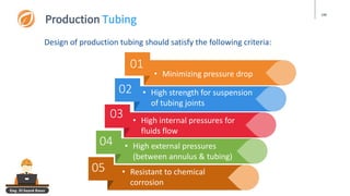 Eng. El Sayed Amer
148
Production Tubing
Design of production tubing should satisfy the following criteria:
• Minimizing pressure drop
01
02
03
04
• High strength for suspension
of tubing joints
• High internal pressures for
fluids flow
• High external pressures
(between annulus & tubing)
05 • Resistant to chemical
corrosion
 