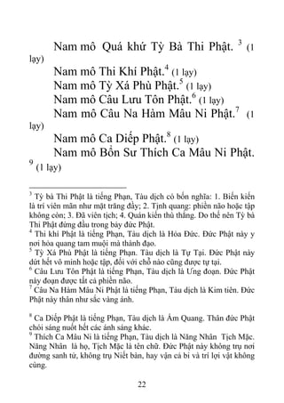 Nam mô Quá khứ Tỳ Bà Thi Phật. 3
(1
lạy)
Nam mô Thi Khí Phật.4
(1 lạy)
Nam mô Tỳ Xá Phù Phật.5
(1 lạy)
Nam mô Câu Lưu Tôn Phật.6
(1 lạy)
Nam mô Câu Na Hàm Mâu Ni Phật.7
(1
lạy)
Nam mô Ca Diếp Phật.8
(1 lạy)
Nam mô Bổn Sư Thích Ca Mâu Ni Phật.
9
(1 lạy)
3
Tỳ bà Thi Phật là tiếng Phạn, Tàu dịch có bốn nghĩa: 1. Biến kiến
là trí viên mãn như mặt trăng đầy; 2. Tịnh quang: phiền não hoặc tập
không còn; 3. Đã viên tịch; 4. Quán kiến thù thắng. Do thế nên Tỳ bà
Thi Phật đứng đầu trong bảy đức Phật.
4
Thi khí Phật là tiếng Phạn, Tàu dịch là Hỏa Đức. Đức Phật này y
nơi hỏa quang tam muội mà thành đạo.
5
Tỳ Xá Phù Phật là tiếng Phạn. Tàu dịch là Tự Tại. Đức Phật này
dứt hết vô minh hoặc tập, đối với chỗ nào cũng được tự tại.
6
Câu Lưu Tôn Phật là tiếng Phạn, Tàu dịch là Ưng đoạn. Đức Phật
này đoạn được tất cả phiền não.
7
Câu Na Hàm Mâu Ni Phật là tiếng Phạn, Tàu dịch là Kim tiên. Đức
Phật này thân như sắc vàng ánh.
8
Ca Diếp Phật là tiếng Phạn, Tàu dịch là Ẩm Quang. Thân đức Phật
chói sáng nuốt hết các ánh sáng khác.
9
Thích Ca Mâu Ni là tiếng Phạn, Tàu dịch là Năng Nhân Tịch Mặc.
Năng Nhân là họ, Tịch Mặc là tên chữ. Đức Phật này không trụ nơi
đường sanh tử, không trụ Niết bàn, hay vận cả bi và trí lợi vật không
cùng.
22
 
