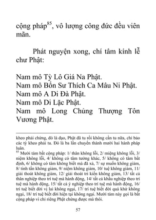 cộng pháp85
, vô lượng công đức đều viên
mãn.
Phát nguyện xong, chí tâm kính lễ
chư Phật:
Nam mô Tỳ Lô Giá Na Phật.
Nam mô Bổn Sư Thích Ca Mâu Ni Phật.
Nam mô A Di Đà Phật.
Nam mô Di Lặc Phật.
Nam mô Long Chủng Thượng Tôn
Vương Phật.
kheo phải chứng, đó là đạo, Phật đã tu rồi không cần tu nữa, chỉ bảo
các tỳ kheo phải tu. Đó là ba lần chuyển thành mười hai hành pháp
luân.
85
Mười tám bất cộng pháp: 1/ thân không lỗi, 2/ miệng không lỗi, 3/
niệm không lỗi, 4/ không có tâm tưởng khác, 5/ không có tâm bất
định, 6/ không có tâm không biết mà đã xả, 7/ sự muốn không giảm,
8/ tinh tấn không giảm, 9/ niệm không giảm, 10/ tuệ không giảm, 11/
giải thoát không giảm, 12/ giải thoát tri kiến không giảm, 13/ tất cả
thân nghiệp theo trí tuệ mà hành động, 14/ tất cả khẩu nghiệp theo trí
tuệ mà hành động, 15/ tất cả ý nghiệp theo trí tuệ mà hành động, 16/
trí tuệ biết đời vị lai không ngại, 17/ trí tuệ biết đời quá khứ không
ngại, 18/ trí tuệ biết đời hiện tại không ngại. Mười tám này gọi là bất
cộng pháp vì chỉ riêng Phật chứng được mà thôi.
57
 