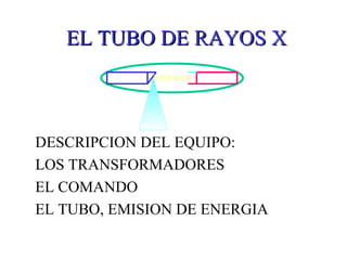 EL TUBO DE RAYOS X DESCRIPCION DEL EQUIPO: LOS TRANSFORMADORES  EL COMANDO EL TUBO, EMISION DE ENERGIA )))))))))))) 