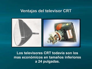 Ventajas del televisor CRT




 Los televisores CRT todavía son los
mas económicos en tamaños inferiores
            a 24 pulgadas.
 