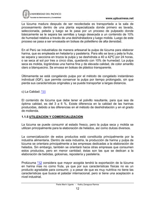 www.upbusiness.netFacultad de Administración y Contabilidad
La lúcuma madura después de ser recolectada es transportada a la sala de
procesamiento dentro de una planta especializada donde primero es lavada,
seleccionada, pelada y luego se le pasa por un proceso de pulpeado donde
básicamente se le separa las semillas y luego desecada a un contenido de 10%
de humedad relativa a través de una deshidratadora y luego molida. Luego de este
proceso se pasa a ser envasada en bolsas de polietileno de alta densidad.
En el Perú se industrializa de manera artesanal la pulpa de lúcuma para elaborar
harina, que es empleada en heladería y pastelería. Para ello se lava y pela la fruta,
se separa y secciona en trozos la pulpa y se deshidrata a 40 a 42ºC por 24 horas,
o se seca al sol por tres a cinco días, quedando con 10% de humedad. La pulpa
seca es molida, lográndose una harina fina y de elevada calidad, de color amarillo
claro a blanquecino. Se envasa en bolsas de plástico transparente.
Últimamente se está congelando pulpa por el método de congelado instantáneo
individual (IQF), que permite conservar la pulpa por tiempo prolongado, sin que
pierda sus características originales y se puede transportar a largas distancia.
c) La Calidad: *11
El contenido de lúcuma que debe tener el polvillo resultante, para que sea de
óptima calidad, es del 3 a 6 %. Existe diferencia en la calidad de las harinas
producidas, debido a las diferencias en el método de deshidratación y en el grado
de molienda.
1.1.5 UTILIZACION Y COMERCIALIZACION
La lúcuma se puede consumir al estado fresco, pero la pulpa seca y molida se
utilizan principalmente para la elaboración de helados, así como dulces diversos.
La comercialización de estos productos está constituida principalmente por la
industria alimentaria. Dentro de esta industria, la producción de harina y pulpa de
lúcuma se orientara principalmente a las empresas dedicadas a la elaboración de
helados. Sin embargo, también se orientará hacia otras empresas que consumen
estos productos, pero en menor cantidad; éstas son las que se dedican a la
elaboración de bebidas, golosinas, repostería y pastelería.
Prolúcuma *12 considera que mayor acogida tendrá la exportación de la lúcuma
en harina mas no como fruta, ya que por sus características físicas no es un
producto agradable para consumir, y a pesar de que es muy nutritiva no tiene las
características que busca el paladar internacional, pero si tiene una aceptación a
nivel industrial.
Paola Marín Ugarte - Kathy Zaragoza Ramos
12
 