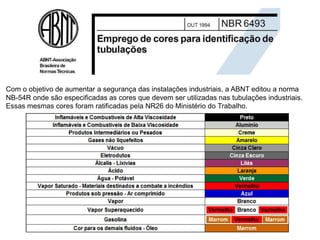 Com o objetivo de aumentar a segurança das instalações industriais, a ABNT editou a norma
NB-54R onde são especificadas as cores que devem ser utilizadas nas tubulações industriais.
Essas mesmas cores foram ratificadas pela NR26 do Ministério do Trabalho.
 