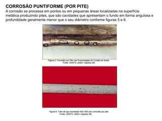 CORROSÃO PUNTIFORME (POR PITE)
A corrosão se processa em pontos ou em pequenas áreas localizadas na superfície
metálica produzindo pites, que são cavidades que apresentam o fundo em forma angulosa e
profundidade geralmente menor que o seu diâmetro conforme figuras 5 e 6.
 