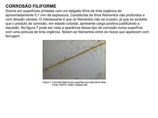 CORROSÃO FILIFORME
Ocorre em superfícies pintadas com um delgado filme de tinta orgânica de
aproximadamente 0,1 mm de espessura. Constituída de finos filamentos não profundos e
com direção variada. O interessante é que os filamentos não se cruzam, já que se acredita
que o produto de corrosão, em estado coloidal, apresente carga positiva justificando a
repulsão. Na figura 7 pode ser vista a aparência desse tipo de corrosão numa superfície
com uma película de tinta orgânica. Notam-se filamentos entre os riscos que aparecem com
ferrugem.
 
