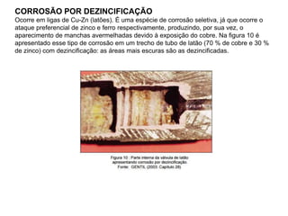CORROSÃO POR DEZINCIFICAÇÃO
Ocorre em ligas de Cu-Zn (latões). É uma espécie de corrosão seletiva, já que ocorre o
ataque preferencial de zinco e ferro respectivamente, produzindo, por sua vez, o
aparecimento de manchas avermelhadas devido à exposição do cobre. Na figura 10 é
apresentado esse tipo de corrosão em um trecho de tubo de latão (70 % de cobre e 30 %
de zinco) com dezincificação: as áreas mais escuras são as dezincificadas.
 