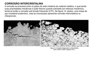 CORROSÃO INTERCRISTALINA
A corrosão se processa entre os grãos da rede cristalina do material metálico, o qual perde
suas propriedades mecânicas e pode fraturar quando solicitado por esforços mecânicos,
tendo-se então a corrosão sob tensão fraturante (CTF). Na figura 14, abaixo, uma chapa de
aço inoxidável austenítico, vista ao microscópio apresenta corrosão intercristalina ou
intergranular.
 