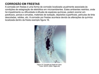 CORROSÃO EM FRESTAS
A corrosão em frestas é uma forma de corrosão localizada usualmente associada às
condições de estagnação de eletrólitos em microambientes. Estes ambientes restritos, onde
há impedimento ou dificuldade à difusão de espécies químicas, podem ocorrer em
parafusos, porcas e arruelas, materiais de isolação, depósitos superficiais, películas de tinta
descoladas, rebites, etc. A corrosão por frestas acontece devido às alterações da química
localizada dentro da fresta exemplo figura 16.
 