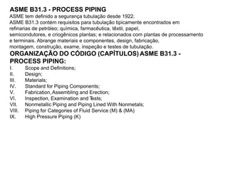 ASME B31.3 - PROCESS PIPING
ASME tem definido a segurança tubulação desde 1922.
ASME B31.3 contém requisitos para tubulação tipicamente encontrados em
refinarias de petróleo; química, farmacêutica, têxtil, papel,
semicondutores, e criogênicos plantas; e relacionados com plantas de processamento
e terminais. Abrange materiais e componentes, design, fabricação,
montagem, construção, exame, inspeção e testes de tubulação.
ORGANIZAÇÃO DO CÓDIGO (CAPÍTULOS) ASME B31.3 -
PROCESS PIPING:
I. Scope and Definitions;
II. Design;
III. Materials;
IV. Standard for Piping Components;
V. Fabrication,Assembling and Erection;
VI. Inspection, Examination and Tests;
VII. Nonmetallic Piping and Piping Lined With Nonmetals;
VIII. Piping for Categories of Fluid Service (M) & (MA)
IX. High Pressure Piping (K)
 