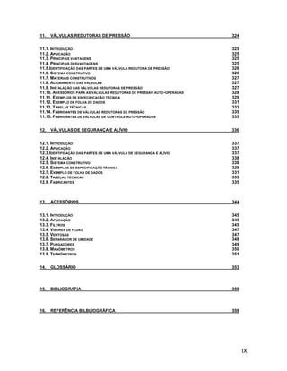 11.   VÁLVULAS REDUTORAS DE PRESSÃO                                      324


11.1. INTRODUÇÃO                                                         325
11.2. APLICAÇÃO                                                          325
11.3. PRINCIPAIS VANTAGENS                                               325
11.4. PRINCIPAIS DESVANTAGENS                                            325
11.5.IDENTIFICAÇÃO DAS PARTES DE UMA VÁLVULA REDUTORA DE PRESSÃO         326
11.6. SISTEMA CONSTRUTIVO                                                326
11.7. MATERIAIS CONSTRUTIVOS                                             327
11.8. ACIONAMENTO DAS VÁLVULAS                                           327
11.9. INSTALAÇÃO DAS VÁLVULAS REDUTORAS DE PRESSÃO                       327
11.10. ACESSÓRIOS PARA AS VÁLVULAS REDUTORAS DE PRESSÃO AUTO -OPERADAS   328
11.11. EXEMPLOS DE ESPECIFICAÇÃO TÉCNICA                                 329
11.12. EXEMPLO DE FOLHA DE DADOS                                         331
11.13. TABELAS TÉCNICAS                                                  333
11.14. FABRICANTES DE VÁLVULAS REDUTORAS DE PRESSÃO                      335
11.15. FABRICANTES DE VÁLVULAS DE CONTROLE AUTO-OPERADAS                 335


12.   VÁLVULAS DE SEGURANÇA E ALÍVIO                                     336


12.1. INTRODUÇÃO                                                         337
12.2. APLICAÇÃO                                                          337
12.3.IDENTIFICAÇÃO DAS PARTES DE UMA VÁLVULA DE SEGURANÇA E ALÍVIO       337
12.4. INSTALAÇÃO                                                         338
12.5. SISTEMA CONSTRUTIVO                                                338
12.6. EXEMPLOS DE ESPECIFICAÇÃO TÉCNICA                                  329
12.7. EXEMPLO DE FOLHA DE DADOS                                          331
12.8. TABELAS TÉCNICAS                                                   333
12.9. FABRICANTES                                                        335



13.   ACESSÓRIOS                                                         344


13.1. INTRODUÇÃO                                                         345
13.2. APLICAÇÃO                                                          345
13.3. FILTROS                                                            345
13.4. VISORES DE FLUXO                                                   347
13.5. VENTOSAS                                                           347
13.6. SEPARADOR DE UMIDADE                                               348
13.7. PURGADORES                                                         349
13.8. MANÔMETROS                                                         350
13.9. TERMÔMETROS                                                        351


14.   GLOSSÁRIO                                                          353




15.   BIBLIOGRAFIA                                                       359




16.   REFERÊNCIA BILBLIOGRÁFICA                                          359




                                                                               IX
 