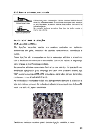 6.5.3. Ponta e bolsa com junta travada



                        Este tipo de junta é utilizado para tubos e conexões de ferro fundido
  TRAVADA INTERNA       onde não serão executados os blocos de ancoragem para absorção
                        do empuxo devido à pressão interna para garantir o equilíbrio de
                        toda a tubulação.
                        No mercado, pode-se encontrar dois tipos de junta travada, a
                        interna e a externa.
  TRAVADA EXTERNA




6.6. OUTROS TIPOS DE LIGAÇÃO
6.6.1 Ligações sanitárias
São ligações especiais usadas em serviços sanitários em indústrias
alimentícias em geral, indústrias de bebidas, farmacêuticas, cosméticos e
outras.
Essas ligações são empregadas em tubos, conexões, válvulas e acessórios
com a finalidade de conexão e desconexão com muita rapidez e segurança
para limpeza e desinfecções periódicas.
As conexões, válvulas e acessórios fabricados com este tipo de ligação têm as
dimensões apropriadas para emprego em tubos com diâmetro externo tipo
“OD” conforme norma ASTM A270 e impróprios para tubos com as dimensões
conforme a norma ASME/ANSI B36.19.
As conexões são fabricadas de aço inox com polimento sanitário e a vedação é
feita por meio de um anel de vedação de elastômero que pode ser de buna-N,
viton, ptfe (teflon®), epdm ou silicone.




Existem no mercado nacional quatro tipos de ligação sanitária, a saber:

                                                                                         25
 