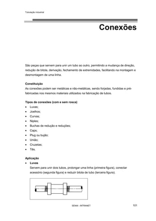 Tubulação industrial
SENAI - INTRANET 101
Conexões
São peças que servem para unir um tubo ao outro, permitindo a mudança de direção,
redução de bitola, derivação, fechamento de extremidades, facilitando na montagem e
desmontagem de uma linha.
Constituição
As conexões podem ser metálicas e não-metálicas, sendo forjadas, fundidas e pré-
fabricadas nos mesmos materiais utilizados na fabricação de tubos.
Tipos de conexões (com e sem rosca)
• Luvas;
• Joelhos;
• Curvas;
• Niples;
• Buchas de redução e reduções;
• Caps;
• Plug ou bujão;
• União;
• Cruzetas;
• Tês.
Aplicação
• Luvas
Servem para unir dois tubos, prolongar uma linha (primeira figura), conectar
acessório (segunda figura) e reduzir bitola de tubo (terceira figura).
 
