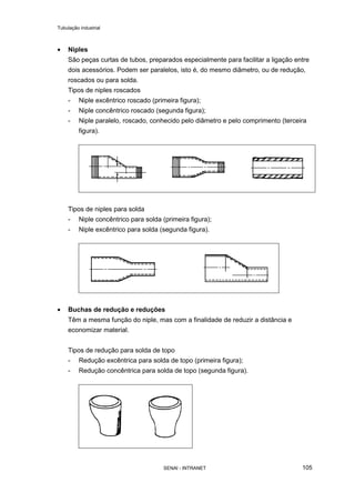 Tubulação industrial
SENAI - INTRANET 105
• Niples
São peças curtas de tubos, preparados especialmente para facilitar a ligação entre
dois acessórios. Podem ser paralelos, isto é, do mesmo diâmetro, ou de redução,
roscados ou para solda.
Tipos de niples roscados
- Niple excêntrico roscado (primeira figura);
- Niple concêntrico roscado (segunda figura);
- Niple paralelo, roscado, conhecido pelo diâmetro e pelo comprimento (terceira
figura).
Tipos de niples para solda
- Niple concêntrico para solda (primeira figura);
- Niple excêntrico para solda (segunda figura).
• Buchas de redução e reduções
Têm a mesma função do niple, mas com a finalidade de reduzir a distância e
economizar material.
Tipos de redução para solda de topo
- Redução excêntrica para solda de topo (primeira figura);
- Redução concêntrica para solda de topo (segunda figura).
 