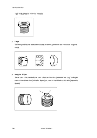 Tubulação industrial
SENAI - INTRANET106
Tipo de buchas de redução roscada
• Caps
Servem para fechar as extremidades de tubos, podendo ser roscadas ou para
solda.
• Plug ou bujão
Serve para o fechamento de uma conexão roscada, podendo ser plug ou bujão
com extremidade lisa (primeira figura) ou com extremidade quebrada (segunda
figura).
 