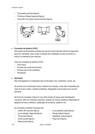 Tubulação industrial
SENAI - INTRANET112
- Tê paralelo (primeira figura);
- Tê bolsa e flange (segunda figura);
- Curva 90º com apoio vertical (terceira figura).
• Conexões de plástico (PVC)
São peças de dimensões variadas que servem para emendar tubos em segmento,
para tirar vibrações, para mudar a direção das instalações e para aumentar ou
reduzir os diâmetros das mesmas.
Tipos de conexões de plástico (PVC)
- Com rosca;
- Encaixe para anel de borracha;
- Encaixe para colar (soldada);
- Flangeada.
• Aplicação
São empregadas em instalações das construções civis, industriais, navais, etc.
De acordo com a fabricação varia o sistema de conexão: umas são conectadas por
meio de rosca; outras, coladas (soldadas), flangeadas e de encaixe com anel de
borracha.
Na linha de conexões mistas há uma série ampla de peças para interligações
roscáveis, além de conexões especiais, dotados de roscas metálicas destinadas às
ligações de tubos metálicos, adaptação de torneiras, registros, etc.
As principais conexões roscáveis são:
- Joelho 90º (primeira figura);
- Luva redução (segunda figura);
- Tê (terceira figura);
- União (quarta figura);
- Niple (quinta figura);
- Luva paralela (sexta figura);
- Flange (sétima figura);
- Adaptador (oitava figura);
- Plug (nona figura).
 