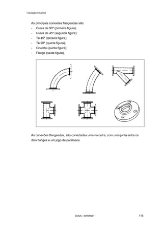 Tubulação industrial
SENAI - INTRANET 115
As principais conexões flangeadas são:
- Curva de 90º (primeira figura);
- Curva de 45º (segunda figura);
- Tê 45º (terceira figura);
- Tê 90º (quarta figura);
- Cruzeta (quinta figura);
- Flange (sexta figura).
As conexões flangeadas, são conectadas uma na outra, com uma junta entre os
dois flanges e um jogo de parafusos.
 