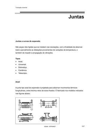 Tubulação industrial
SENAI - INTRANET 117
Juntas
Juntas e curvas de expansão
São peças não-rígidas que se instalam nas tubulações, com a finalidade de absorver
total e parcialmente as dilatações provenientes de variações de temperatura, e
também de impedir a propagação de vibrações.
Tipos
• Axial;
• Universal;
• Dobradiça;
• Cardânica.
• Telescópio.
Axial
A junta tipo axial de expansão é projetada para absorver movimentos térmicos
longitudinais, entre trechos retos de tubos fixados. É fabricada nos modelos indicados
nas figuras abaixo.
 