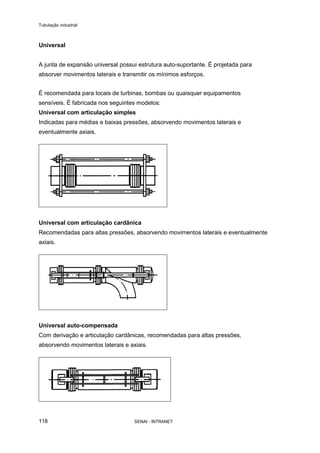 Tubulação industrial
SENAI - INTRANET118
Universal
A junta de expansão universal possui estrutura auto-suportante. É projetada para
absorver movimentos laterais e transmitir os mínimos esforços.
É recomendada para locais de turbinas, bombas ou quaisquer equipamentos
sensíveis. É fabricada nos seguintes modelos:
Universal com articulação simples
Indicadas para médias e baixas pressões, absorvendo movimentos laterais e
eventualmente axiais.
Universal com articulação cardânica
Recomendadas para altas pressões, absorvendo movimentos laterais e eventualmente
axiais.
Universal auto-compensada
Com derivação e articulação cardânicas, recomendadas para altas pressões,
absorvendo movimentos laterais e axiais.
 