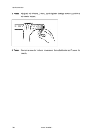 Tubulação industrial
SENAI - INTRANET130
20
Passo - Aplique a fita vedante, (Teflon), do final para o começo da rosca, girando-a
no sentido horário.
30
Passo - Atarraxe a conexão no tubo, procedendo de modo idêntico ao 50
passo do
caso A.
 