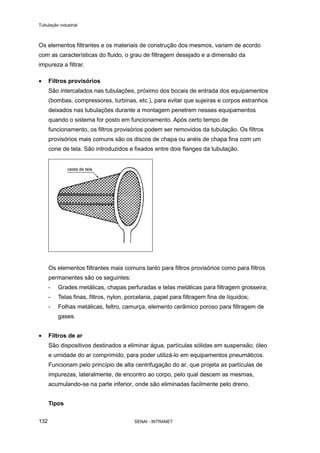 Tubulação industrial
SENAI - INTRANET132
Os elementos filtrantes e os materiais de construção dos mesmos, variam de acordo
com as características do fluido, o grau de filtragem desejado e a dimensão da
impureza a filtrar.
• Filtros provisórios
São intercalados nas tubulações, próximo dos bocais de entrada dos equipamentos
(bombas, compressores, turbinas, etc.), para evitar que sujeiras e corpos estranhos
deixados nas tubulações durante a montagem penetrem nesses equipamentos
quando o sistema for posto em funcionamento. Após certo tempo de
funcionamento, os filtros provisórios podem ser removidos da tubulação. Os filtros
provisórios mais comuns são os discos de chapa ou anéis de chapa fina com um
cone de tela. São introduzidos e fixados entre dois flanges da tubulação.
Os elementos filtrantes mais comuns tanto para filtros provisórios como para filtros
permanentes são os seguintes:
- Grades metálicas, chapas perfuradas e telas metálicas para filtragem grosseira;
- Telas finas, filtros, nylon, porcelana, papel para filtragem fina de líquidos;
- Folhas metálicas, feltro, camurça, elemento cerâmico poroso para filtragem de
gases.
• Filtros de ar
São dispositivos destinados a eliminar água, partículas sólidas em suspensão, óleo
e umidade do ar comprimido, para poder utilizá-lo em equipamentos pneumáticos.
Funcionam pelo princípio de alta centrifugação do ar, que projeta as partículas de
impurezas, lateralmente, de encontro ao corpo, pelo qual descem as mesmas,
acumulando-se na parte inferior, onde são eliminadas facilmente pelo dreno.
Tipos
 