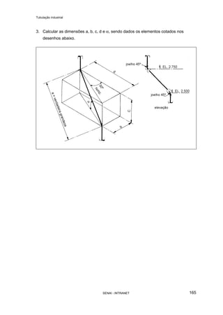 Tubulação industrial
SENAI - INTRANET 165
3. Calcular as dimensões a, b, c, d e α, sendo dados os elementos cotados nos
desenhos abaixo.
 