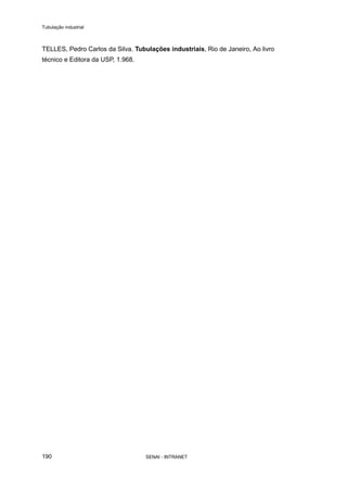 Tubulação industrial
SENAI - INTRANET190
TELLES, Pedro Carlos da Silva. Tubulações industriais, Rio de Janeiro, Ao livro
técnico e Editora da USP, 1.968.
 
