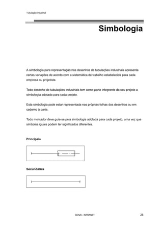 Tubulação industrial
SENAI - INTRANET 25
Simbologia
A simbologia para representação nos desenhos de tubulações industriais apresenta
certas variações de acordo com a sistemática de trabalho estabelecida para cada
empresa ou projetista.
Todo desenho de tubulações industriais tem como parte integrante do seu projeto a
simbologia adotada para cada projeto.
Esta simbologia pode estar representada nas próprias folhas dos desenhos ou em
caderno à parte.
Todo montador deve guia-se pela simbologia adotada para cada projeto, uma vez que
símbolos iguais podem ter significados diferentes.
Principais
Secundárias
 
