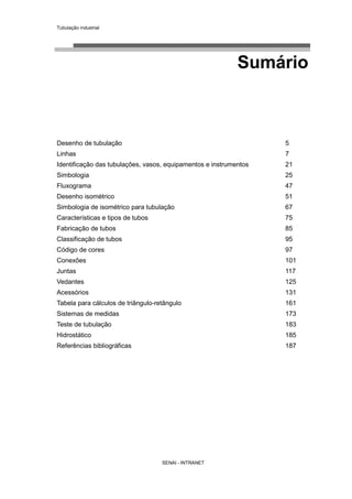 Tubulação industrial
SENAI - INTRANET
Sumário
Desenho de tubulação 5
Linhas 7
Identificação das tubulações, vasos, equipamentos e instrumentos 21
Simbologia 25
Fluxograma 47
Desenho isométrico 51
Simbologia de isométrico para tubulação 67
Características e tipos de tubos 75
Fabricação de tubos 85
Classificação de tubos 95
Código de cores 97
Conexões 101
Juntas 117
Vedantes 125
Acessórios 131
Tabela para cálculos de triângulo-retângulo 161
Sistemas de medidas 173
Teste de tubulação 183
Hidrostático 185
Referências bibliográficas 187
 