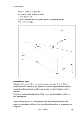 Tubulação industrial
SENAI - INTRANET 65
- Linha de centro do equipamento
- Os catetos, a partir da linha de centro
- A elevação do bocal
- A distância entre a face do bocal e a primeira mudança de direção.
Veja exemplo a seguir.
Considerações gerais
Todo desenho isométrico deve ser numerado, essa numeração deve ser feita em
combinação com a numeração das plantas, de modo que seja fácil identificar-se em
que planta está representada uma linha que aparece em determinado isométrico e
vice-versa.
Geralmente todas as tubulações desenhadas em um isométrico estão contidas em
uma mesma planta.
Todos os pontos em que as tubulações passa de uma folha de planta para outra,
devem ser assinalados nos isométricos, com indicação dos números correspondentes
das plantas.
 