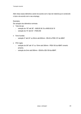 Tubulação industrial
SENAI - INTRANET 81
Além disso esses diâmetros variam de acordo com o tipo de material que é construído
o tubo e de acordo com o seu emprego.
Exemplos
De variação dos diâmetros nominais:
• Tubo de aço
- variação de 1/8” até 36” - ANSI.B.36.10 e ANSI.B.36.19
- variação de 10” até 42” - P.EB-249
• Ferro fundido
- variação 2” até 24” ou 50mm até 600mm - EB-43 e PEB-137 da ABNT.
• PVC rígido
- variação de 3/8” até 10” ou 10mm até 300mm - PEB-183 da ABNT cimento
amianto.
- variação de 5mm até 500mm - EB-69 e EB-109 da ABNT.
 