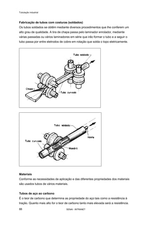 Tubulação industrial
SENAI - INTRANET88
Fabricação de tubos com costuras (soldados)
Os tubos soldados se obtêm mediante diversos procedimentos que lhe conferem um
alto grau de qualidade. A tira de chapa passa pelo laminador enrolador, mediante
várias passadas ou vários laminadores em série que irão formar o tubo e a seguir o
tubo passa por entre eletrodos de cobre em rotação que solda o topo eletricamente.
Materiais
Conforme as necessidades de aplicação e das diferentes propriedades dos materiais
são usados tubos de vários materiais.
Tubos de aço ao carbono
É o teor de carbono que determina as propriedade do aço tais como a resistência à
tração. Quanto mais alto for o teor de carbono tanto mais elevada será a resistência.
 