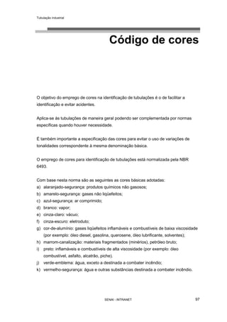 Tubulação industrial
SENAI - INTRANET 97
Código de cores
O objetivo do emprego de cores na identificação de tubulações é o de facilitar a
identificação e evitar acidentes.
Aplica-se às tubulações de maneira geral podendo ser complementada por normas
específicas quando houver necessidade.
É também importante a especificação das cores para evitar o uso de variações de
tonalidades correspondente à mesma denominação básica.
O emprego de cores para identificação de tubulações está normalizada pela NBR
6493.
Com base nesta norma são as seguintes as cores básicas adotadas:
a) alaranjado-segurança: produtos químicos não gasosos;
b) amarelo-segurança: gases não liqüefeitos;
c) azul-segurança: ar comprimido;
d) branco: vapor;
e) cinza-claro: vácuo;
f) cinza-escuro: eletroduto;
g) cor-de-alumínio: gases liqüefeitos inflamáveis e combustíveis de baixa viscosidade
(por exemplo: óleo diesel, gasolina, querosene, óleo lubrificante, solventes);
h) marrom-canalização: materiais fragmentados (minérios), petróleo bruto;
i) preto: inflamáveis e combustíveis de alta viscosidade (por exemplo: óleo
combustível, asfalto, alcatrão, piche).
j) verde-emblema: água, exceto a destinada a combater incêndio;
k) vermelho-segurança: água e outras substâncias destinada a combater incêndio.
 