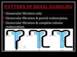 PATTERN OF RENAL HANDLING
 Glomerular filtration only
 Glomerular filtration & partial reabsorption.
 Glomerular filtration & complete tubular
reabsorption.
 