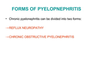 FORMS OF PYELOPNEPHRITIS
• Chronic pyelonephritis can be divided into two forms:
→REFLUX NEUROPATHY
→CHRONIC OBSTRUCTIVE PYELONEPHRITIS
 