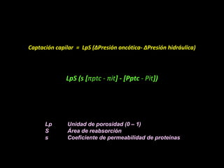Captación capilar = LpS (∆Presión oncótica- ∆Presión hidráulica)
LpS (s [πptc - πit] - [Pptc - Pit])
Lp Unidad de porosidad (0 – 1)
S Área de reabsorción
s Coeficiente de permeabilidad de proteínas
 