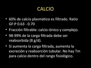 CALCIO
• 60% de calcio plasmático es filtrado. Ratio
GF:P 0.63 - 0.70
• Fracción filtrable: calcio iónico y complejo.
• 98-99% de la carga filtrada debe ser
reabsorbida (8 g/d).
• Si aumenta la carga filtrada, aumenta la
excreción y reabsorción tubular. No hay Tm
para calcio dentro del rango fisiológico.
 