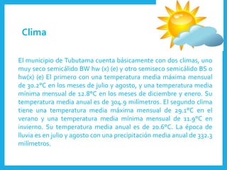 El municipio de Tubutama cuenta básicamente con dos climas, uno
muy seco semicálido BW hw (x) (e) y otro semiseco semicálido BS o
hw(x) (e) El primero con una temperatura media máxima mensual
de 30.2°C en los meses de julio y agosto, y una temperatura media
mínima mensual de 12.8°C en los meses de diciembre y enero. Su
temperatura media anual es de 304.9 milímetros. El segundo clima
tiene una temperatura media máxima mensual de 29.1°C en el
verano y una temperatura media mínima mensual de 11.9°C en
invierno. Su temperatura media anual es de 20.6°C. La época de
lluvia es en julio y agosto con una precipitación media anual de 332.3
milímetros.
Clima
 