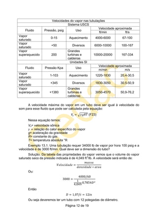 Página 12 de 19
Velocidades do vapor nas tubulações
Sistema USCS
Fluido Pressão, psig Uso
Velocidade aproximada
ft/min ft/s
Vapor
saturado
0-15 Aquecimento 4000-6000 67-100
Vapor
saturado
+50 Diversos 6000-10000 100-167
Vapor
superaquecido 200
Grandes
turbinas e
caldeiras
10000-20000 167-334
Unidades SI
Fluido Pressão Kpa Uso
Velocidade aproximada
m/min m/s
Vapor
saturado
1-103 Aquecimento 1220-1830 20,4-30,5
Vapor
saturado
+345 Diversos 1830-3050 30,5-50,9
Vapor
superaquecido +1380
Grandes
turbinas e
caldeiras
3050-4570 50,9-76,2
A velocidade máxima do vapor em um tubo deve ser igual à velocidade do
som para esse fluido que pode ser calculada pela equação:
(F23)
Nessa equação temos:
Vs= velocidade sônica
relação do calor específico do vapor
g= aceleração da gravidade
R= constante do gás
T= temperatura absoluta °R
Exemplo 13.1. Uma tubulação requer 34000 lb de vapor por hora 100 psig e a
velocidade é de 3000 ft/min. Qual deve ser a dimensão do tubo?
Solução. Da tabela das propriedades do vapor vemos que o volume do vapor
saturado seco da pressão indicada é de 4,049 ft3
/lb. A velocidade será então de:
Ou:
Então
Ou seja deveremos ter um tubo com 12 polegadas de diâmetro.
 