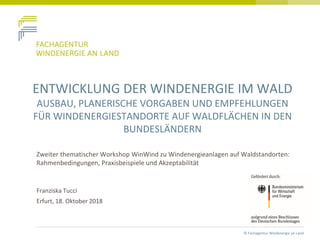 © Fachagentur Windenergie an Land
ENTWICKLUNG DER WINDENERGIE IM WALD
AUSBAU, PLANERISCHE VORGABEN UND EMPFEHLUNGEN
FÜR WINDENERGIESTANDORTE AUF WALDFLÄCHEN IN DEN
BUNDESLÄNDERN
Erfurt, 18. Oktober 2018
Zweiter thematischer Workshop WinWind zu Windenergieanlagen auf Waldstandorten:
Rahmenbedingungen, Praxisbeispiele und Akzeptabilität
Franziska Tucci
 