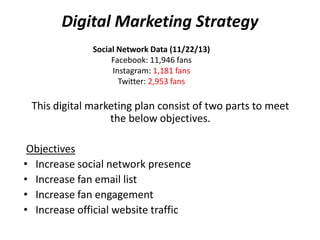 Digital Marketing Strategy
This digital marketing plan consist of two parts to meet
the below objectives.
Objectives
• Increase social network presence
• Increase fan email list
• Increase fan engagement
• Increase official website traffic
Social Network Data (11/22/13)
Facebook: 11,946 fans
Instagram: 1,181 fans
Twitter: 2,953 fans
 
