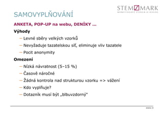 SAMOVYPLŇOVÁNÍ
ANKETA, POP-UP na webu, DENÍKY ...
Výhody
  – Levné sběry velkých vzorků
  – Nevyžaduje tazatelskou síť, eliminuje vliv tazatele
  – Pocit anonymity
Omezení
  – Nízká návratnost (5–15 %)
  – Časově náročné
  – Žádná kontrola nad strukturou vzorku => vážení
  – Kdo vyplňuje?
  – Dotazník musí být „blbuvzdorný“

                                                          strana 14
 