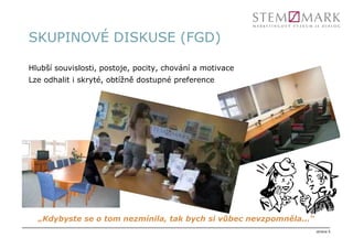 SKUPINOVÉ DISKUSE (FGD)

Hlubší souvislosti, postoje, pocity, chování a motivace
Lze odhalit i skryté, obtížně dostupné preference




  „Kdybyste se o tom nezmínila, tak bych si vůbec nevzpomněla...“
                                                                    strana 5
 